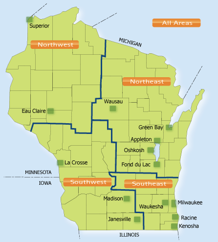 Quadrant map of Wisconsin and neighboring states